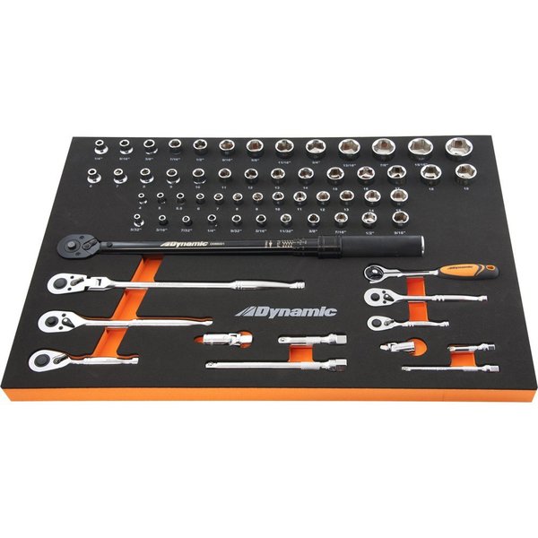 Dynamic 65Pcs 1/4", 3/8" Dr Socket, Attchmnt & Torque Wrench Set & Tool Orgnzr D096004-FT1T